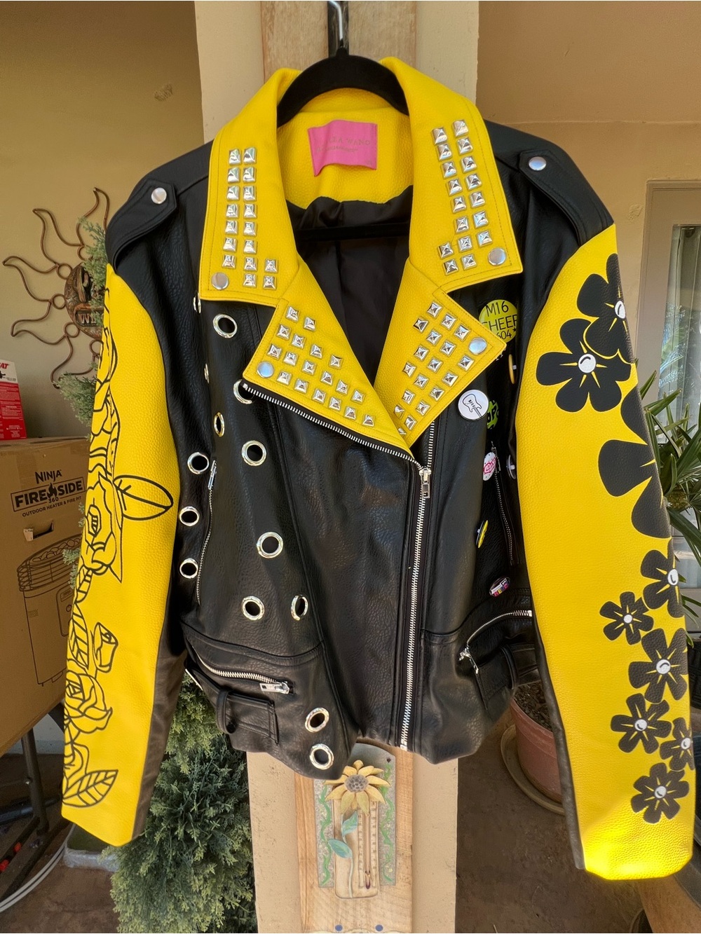 Azalea Wang Black & Yellow Studded Floral Leather Biker Jacket - Women's
